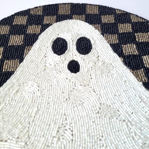 Tahari Checkered Halloween Ghost 14" Beaded Placemat Charger NEW - Picture 2 of 8